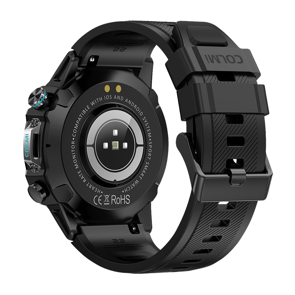 La montre connectée Colmi M42 noire, vue de dos, présente un design fin, plus de 100 modes sportifs et une autonomie de 10 jours.