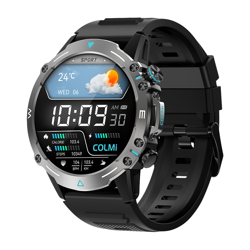La montre connectée Colmi M42 noire est présentée de profil droit, mettant en valeur son design fin, ses plus de 100 modes sportifs et son autonomie de 10 jours.