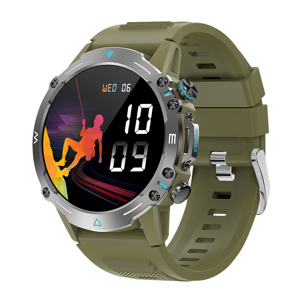 La montre connectée verte Colmi M42 est présentée de profil droit, mettant en valeur son design fin, ses plus de 100 modes sportifs et son autonomie de 10 jours.