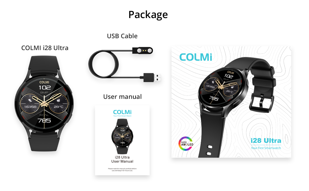 Contenu de la boîte de la montre connectée Colmi i28 Ultra : montre, câble de chargement et accessoires, avec suivi de santé avancé, autonomie de 10 jours et indice d’étanchéité IP68.