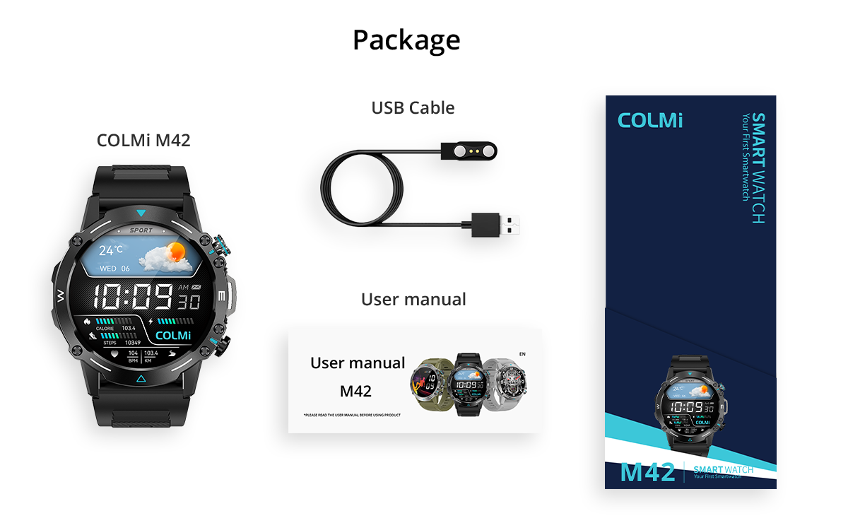 Le contenu de la boîte de la montre connectée Colmi M42 comprend la montre, un câble de chargement et des accessoires, avec un design fin, plus de 100 modes sportifs et une autonomie de 10 jours.