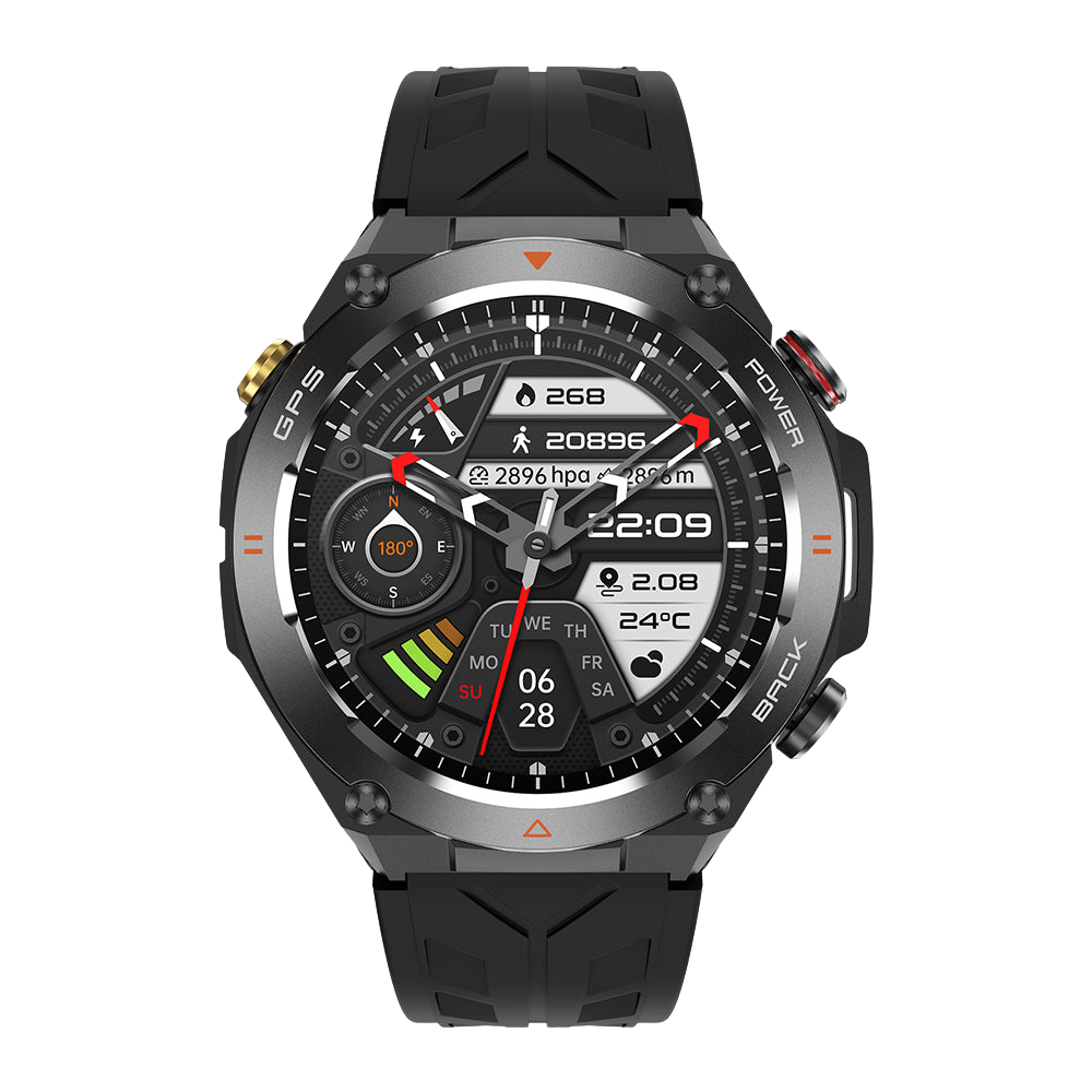 Montre connectée GPS COLMI V75, robuste et idéale pour les activités de plein air, avec cadran noir.