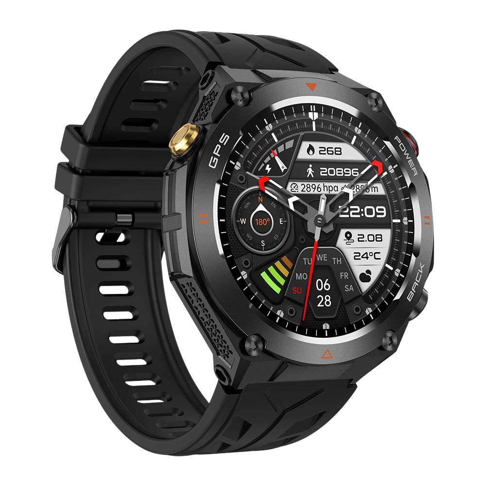 Montre connectée GPS COLMI V75, robuste et idéale pour les activités de plein air, avec bracelet d'activité noir à gauche.