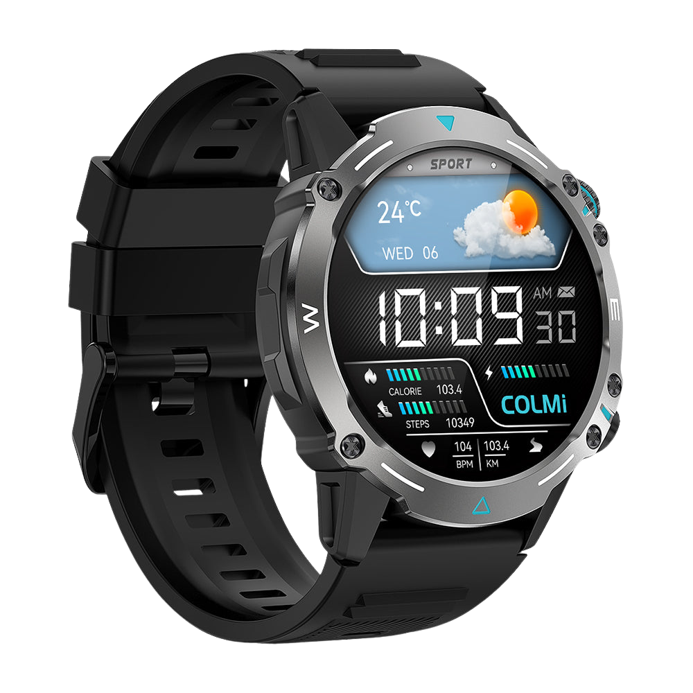 La montre connectée Colmi M42 noire est présentée de profil gauche, mettant en valeur son design fin, ses plus de 100 modes sportifs et son autonomie de 10 jours.