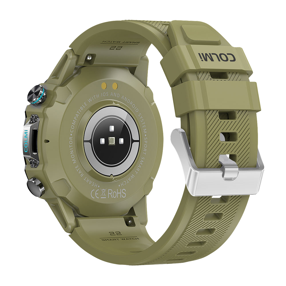 La montre connectée verte Colmi M42, vue de dos, présente un design fin, plus de 100 modes sportifs et une autonomie de 10 jours.