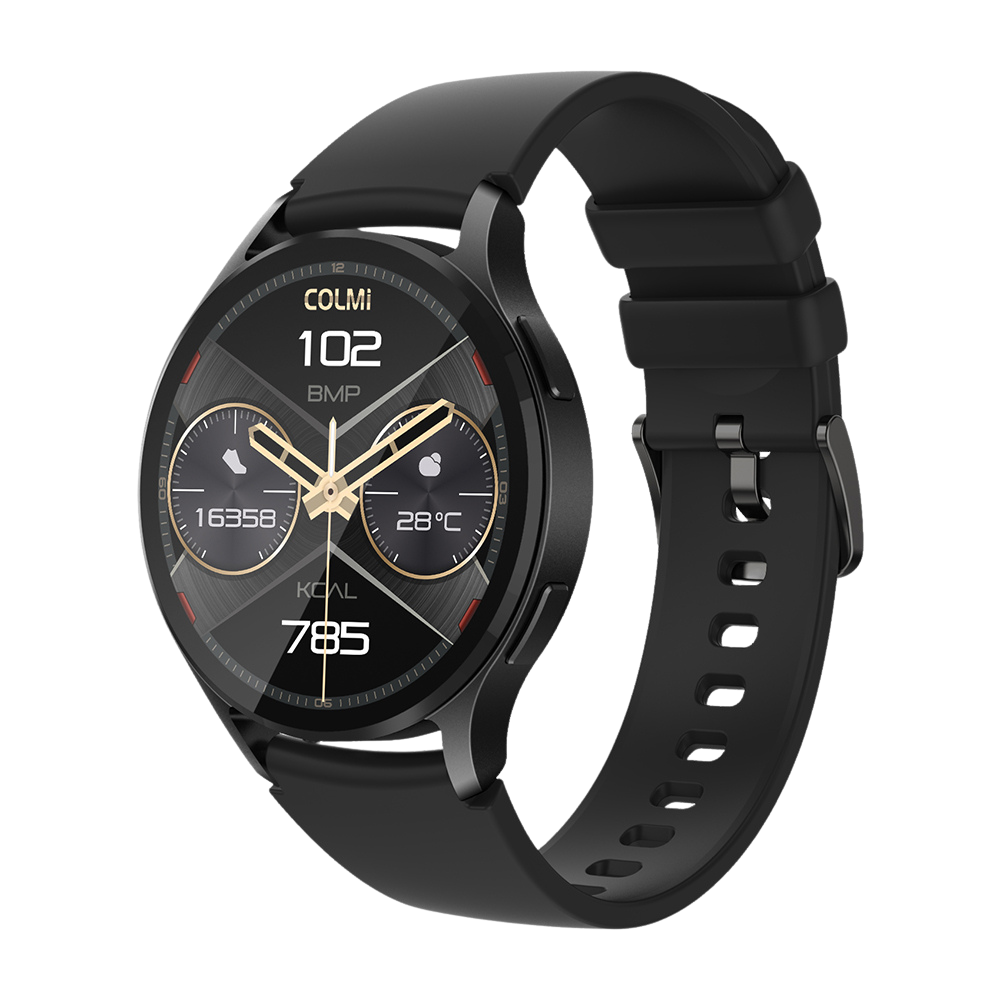 Montre connectée Colmi i28 Ultra noire avec écran circulaire, capteurs de suivi de santé avancés, autonomie de 10 jours et indice d'étanchéité IP68.