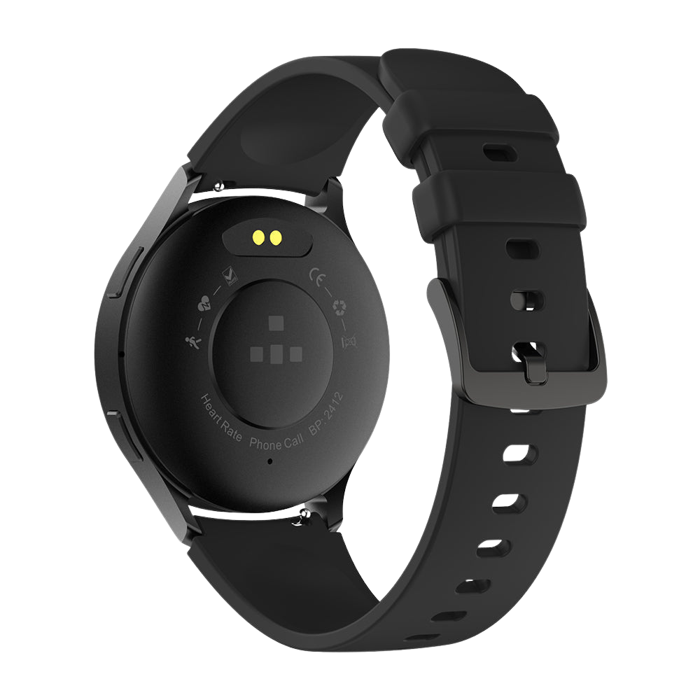 Une montre connectée Colmi i28 Ultra noire, vue de dos, mettant en évidence les capteurs arrière pour un suivi avancé de la santé, les broches de chargement magnétiques et l'étanchéité IP68 sur un fond sombre.