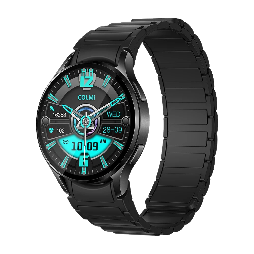 Montre connectée Colmi i28 Ultra noire avec bracelet magnétique, écran circulaire, capteurs de suivi de santé avancés, autonomie de 10 jours et indice d'étanchéité IP68.