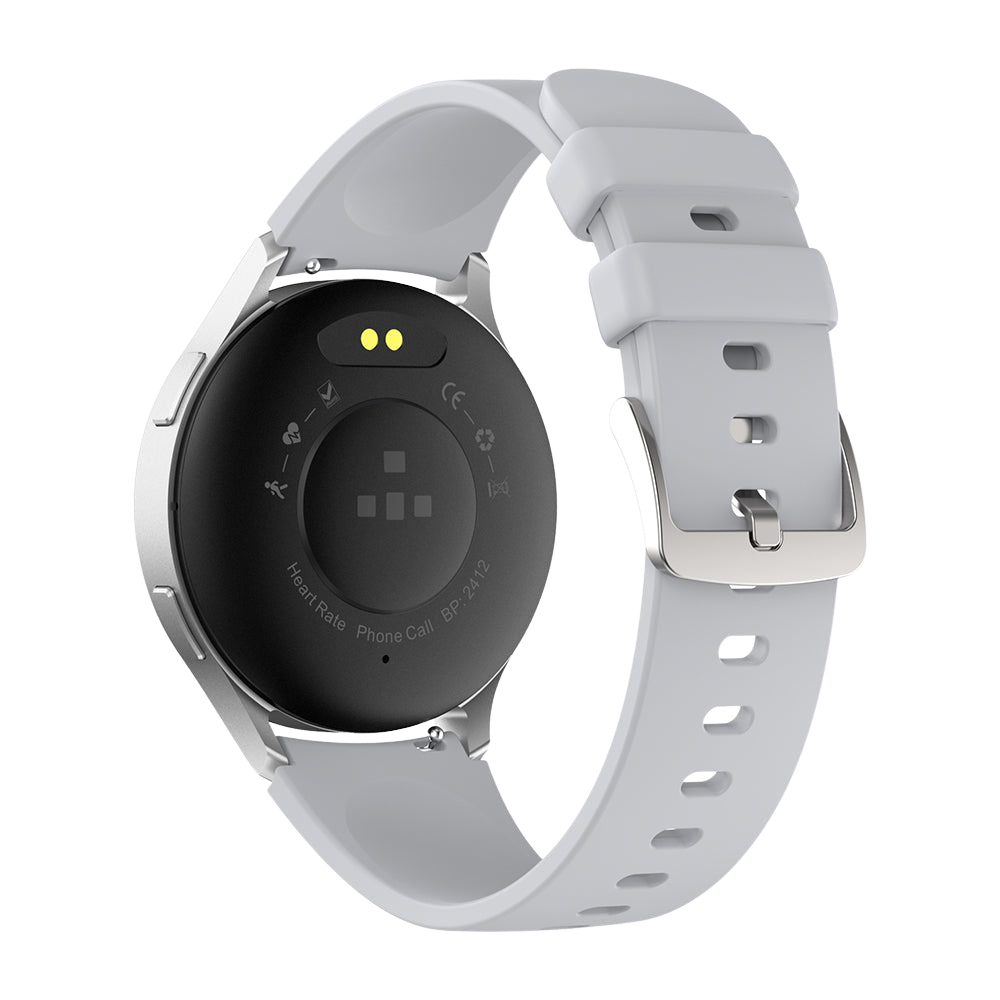 Une montre connectée Colmi i28 Ultra argentée, vue de dos, présentant le capteur arrière pour un suivi avancé de la santé, les contacts de charge magnétiques et une construction étanche IP68 sur un fond neutre.